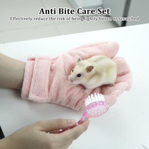 Hamster Bite Proof Glove and Grooming Brush Set, Adjustable Hamster Glove, Lid Soft Cleansing Brush Massage Combs, Guinea Pig Brush, Hamster Care Set for Hamsters, Ferrets, Hedgehogs (Pink) - color: Pink