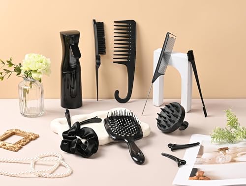 12 Pcs Hair Styling Brush Set with Detangler, Teasing, Rat Tail, Edge Brushes and Baby Hair Brushes - Soft Bristles for Baby Girls and Women (Black) - color: Black