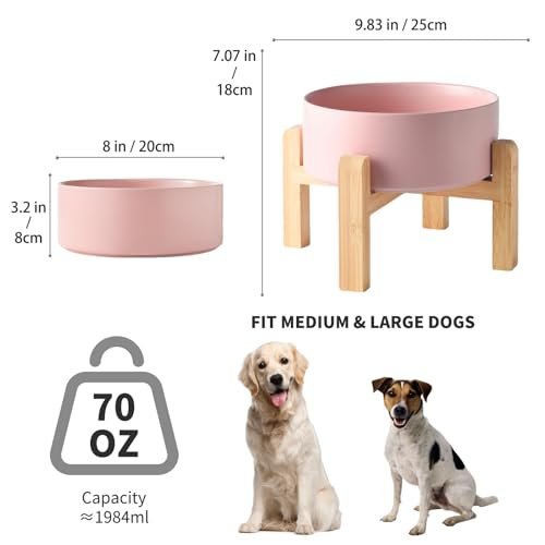 8'' Ceramic Raised Dog Bowl - 70Oz Dog Food & Water Bowl with Elevated Non-Slip Bamboo Stand, Dishwasher & Microwave Safe, Anti Vomiting Heavy Duty Pet Bowl for Medium and Large Dogs, Pink - color: 1 x Bowl + Stand - Pink, size: 8 inch