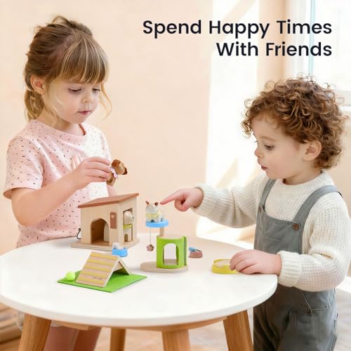 Tiny Land Wooden Dollhouse Animal Set for Toddlers, Dollhouse Accessories | Dolls House Furniture Sets for Toddlers, Montessori Pretend Play Family Pets Set Toys, Gift for Kids Age 3+