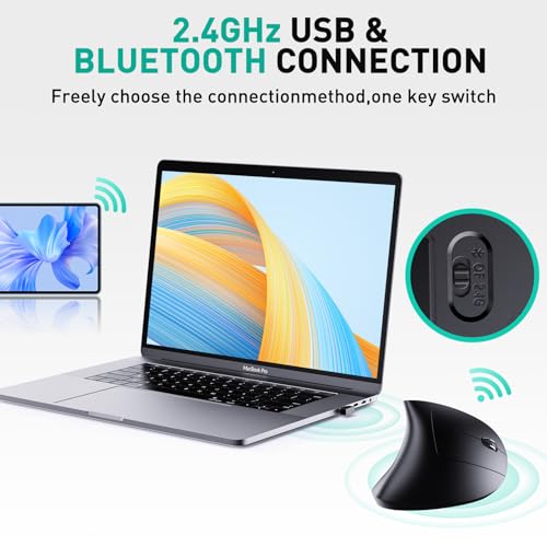 JYKEYMOUT Bluetooth+USB A+USB C(3 in 1)Rechargeable Ergonomic Mouse, Wireless Vertical Design, 5 Adjustable Levels Up to 4800 DPI, 2.4G Carpal Tunnel Silent Mice for PC,Laptop,MacBook,Chromebook-Black - style: DPI-4800