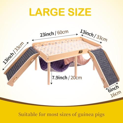 BESNEW Enlarged Guinea Pig Hammock with Platform and Stairs,Wooden Foldable Piggies Hideout for Guinea Pigs Bunny Ferret Hamster Hiding Sleeping Activities 24L x 12W x 11H in（Double） - style: Hammock with 2 ramps