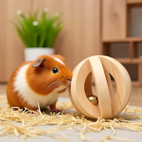 2Pcs Wood Color Natural Wood Dumbells Unicycle Bell Roller Pet Chew Toy for Guinea Pigs Rat Rabbits,Guinea Pig Toys Boredom,Small Animals Will be Very Happy Toys(No Bark Watermelon Ball)