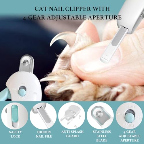 Cat Nail Clipper, Cat Nail Trimmer with Adjustable 3-Size Trimming Hole & Hidden Nail File, Anti-Splash Claw Cutter with Debris Catcher for Kittens, Adjustable Aperture Pet Blue Nail Clippers