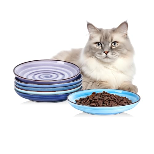 Selamica Ceramic Cat Food Bowl, 6 Inch Cat Bowls Whisker Friendly, Shallow Wide Kitten Plates for Food and Water, Set of 6, Gradient Blue - color: Gradient Blue, size: 6 Inch, Set of 6