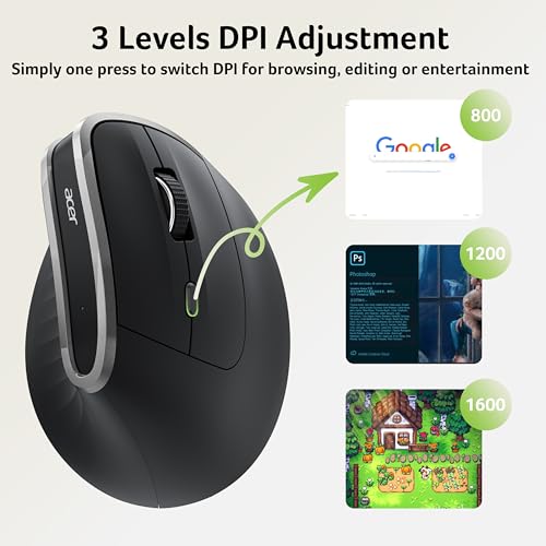 Acer Ergonomic Mouse Wireless, Vertical Computer Mouse for Laptop, PC | Office Ergo Mice Rechargeable for Medium to Large Sized Hands, 58° Tilt, 2.4G USBA Receiver, 800/1200/1600 DPI, 6 Buttons - size: Large
