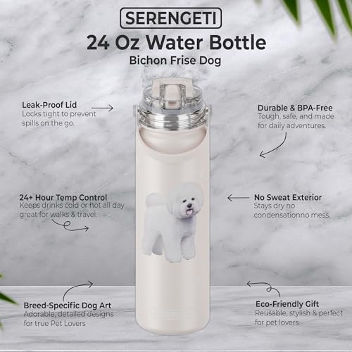 SERENGETI 24 Oz Water Bottle Stainless Steel with Spill Proof Lid - Double walled Vacuum Insulated water flask - Realistic 3D Print of your favorite dog (Bichon Frise) - color: Bichon Frise