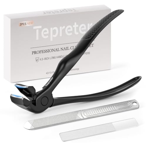 3Pcs Ergonomic Long Handle Toenail Clippers for Seniors for Thick Nail | 4.75in Angled Head Wide Jaw Opening Nail Clippers with Meta and Glass Nail File for Men Women, Fingernail Cutter with Catcher