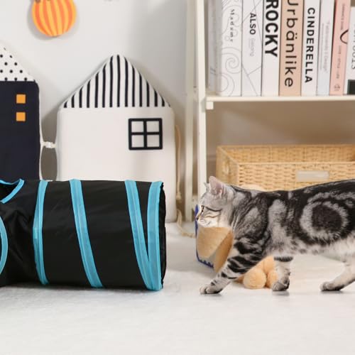 Pet Cat Tunnel, Y-3 Way Tunnels for Indoor Cats, Collapsible Pet Tunnel for Kitten, Puppy, Rabbit, 25cm-Wide Tunnels, Durable & Breathable, with Peek Hole Toy Ball - color: Y-junction Tunnel & Black/Blue