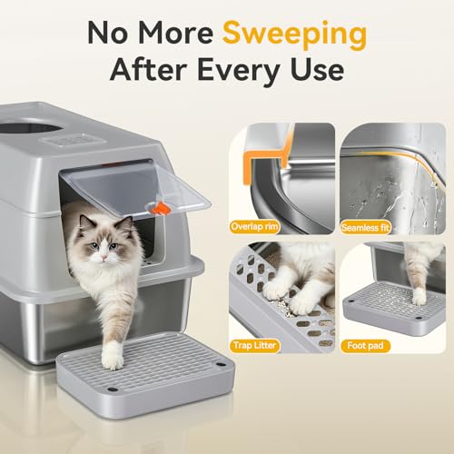 XL Enclosed Stainless Steel Litter Box with Lid, Light Gray | covered, High Sided, Rustproof & Leak Proof, Easy Clean, Odor Control, Includes Scoop & Step - color: Light Gray