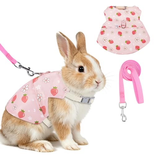 Bunny Harness and Leash Set Adjustable Escape Proof Rabbit Harness Double Buckle Bunny Accessories for Small Animal Pets Walking Training (Pink Strawberry, M -Chest(10.2-11.8in))