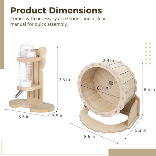 2 PCS Wooden Silent Hamster Wheel and Hamster Water Bottle Set, 8.6" Guinea Pig Wheel with Adjustable Water Dispenser Stand for Gerbil, Syrian & Dwarf, Chinchilla and More Small Animal
