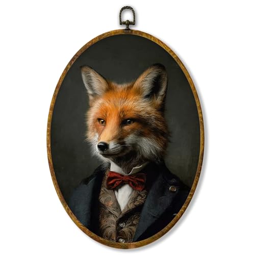 shiviody Vintage Fox Canvas Wall Art Decor, Fox Gifts for Women, Rustic Whimsical Moody Dark Academia Wild Animals Oval Hanging Frame Prints Decorations for Home Bedroom Living Room 8.6"x11.4" - color: Animals-44