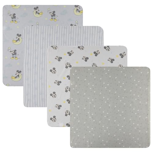 Disney Baby 4-Pack Receiving Blankets — 100% Cotton Flannel, 28" x 28" — Available in Mickey, Minnie, Pooh, Stitch or Angel — Soft Swaddle, Burp & Stroller Blankets — Gift-Ready with Ribbon Bow - color: Mickey Mouse Sleepy Sky