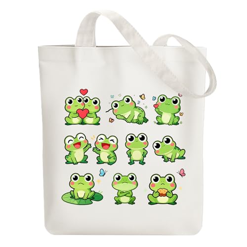ANATTASOUL Canvas Tote Bag Reusable Cotton Bag for Women, Large 14.96"x 15.74" Cloth Shoulder Bags with Zipper Pockets - style: Frog
