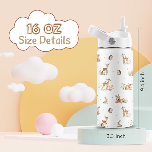 Forest Animals Lovers Gifts, 16 oz Animals Water Bottles with Straw Lid | Stainless Steel Insulated Water Bottle, Cute Deer Hedgehog Rabbit Cups Gifts for Birthday Christmas - color: Cute Animals