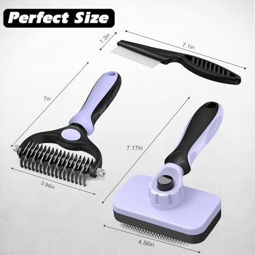 Professional 3PCS Self Cleaning Slicker Brush & Pet Grooming Rake & Flea Comb for Dogs,Cats and Horses | Double-Sided Dematting Comb & Skin Friendly Deshedding Grooming Tool (Light Purple) - color: Light Purple