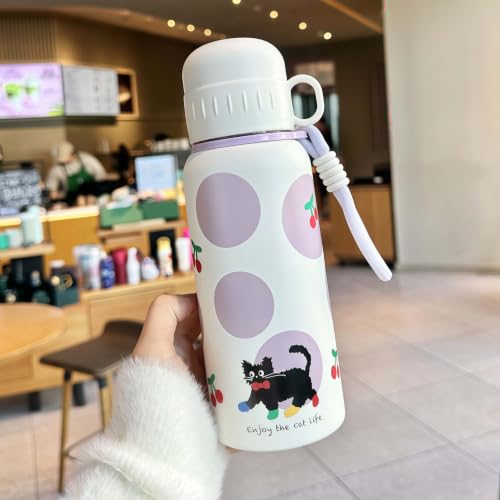 20oz Stainless Steel Insulated Water Bottle with Cat Pattern | Double Wall Vacuum Tumbler, Leakproof, Dual Use Straight Drink & Straw Lid, Travel Office Outdoor - color: Cherry Black Cat