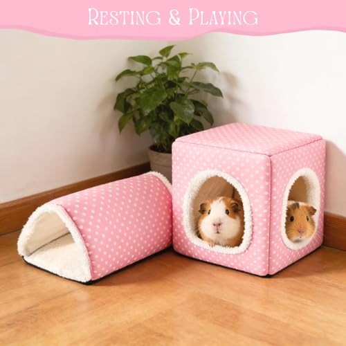 Guinea Pig Hideout, Dwarf Rabbit Bed with Play Tunnel, Washable Fleece House for Dwarf Bunnies, Chinchillas, Hedgehogs, Small Animal Cage Accessories Pink Dot - color: Pink