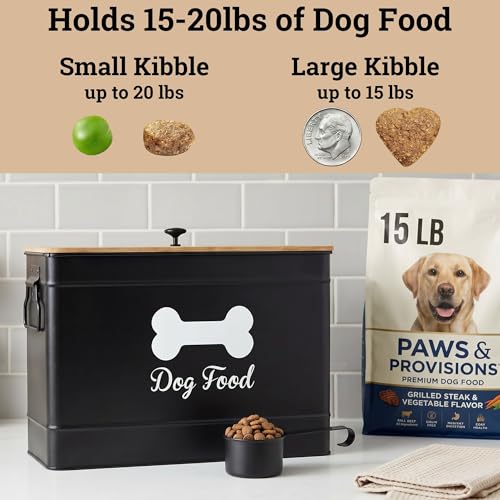 Metal Dog Food Container 15-20 lbs w/ Airtight Bamboo Lid, 70 Cup Capacity | Pet Jar For Dogs up to 100lbs, Airtight Bamboo Lid, Sturdy Comfortable Metal Handle, Powder Coated Iron, Kibble Storage Bin - color: Black