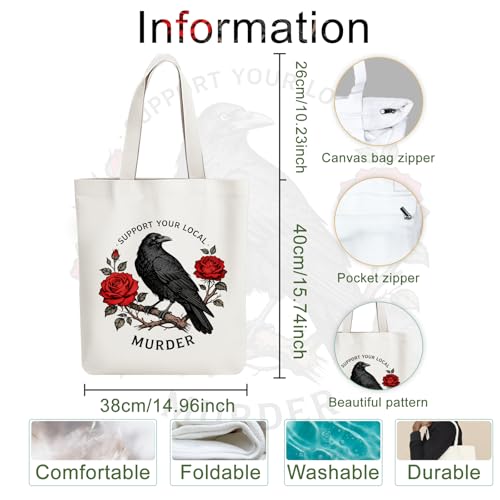 ANATTASOUL Canvas Tote Bag Reusable Cotton Bag for Women, Large 14.96"x 15.74" Cloth Shoulder Bags with Zipper Pockets - style: Crows and Flowers