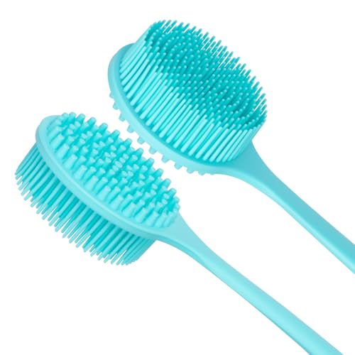 DNC Silicone Back Scrubber for Shower, Soft Bath Body Brush with Long Handle (Blue) - color: Blue