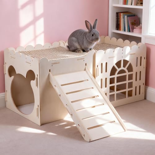 Large Rabbit House with 2PCS Rabbit Scratch Mat, Wooden Bunny Castle with 3 Houses Indoor, Guinea Pig Cage Multistory Climbing Tower Sturdy Wooden Castle, Small Animal Hideaway Tunnel - size: 3 Houses with Pad