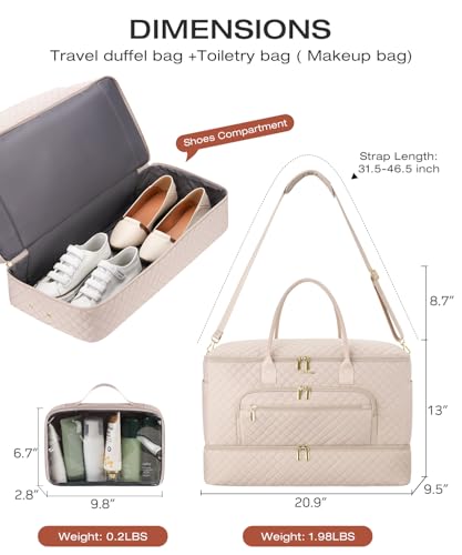 Travel Duffle Bag, Wide Open Large Weekender Bag for Women with Shoe Compartment, Carry on Overnight Bags with Toiletry Bag, Hospital Bag for Women Labor Delivery (Antiquewhite) - color: Antiquewhite, size: 45L
