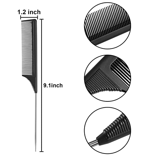 Leinuosen 3 Pack Rat Tail Comb Carbon Fiber,Black | Steel Pin Tail for Sectioning, Heat Resistant Teasing, Pick Comb for Women Wig Styling, Fishtail Design for Salon Updos - color: Black