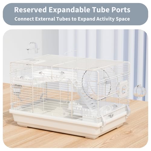 Dwarf Hamster Cage Starter Kit 19x12x12in for Dwarf Hamsters Robo Hamsters | Multilevel Dwarf Hamster Cage with Silent Wheel Ø6", 2 Platforms, 2 Tube Ports, Ladders, Water Bottle, Food Bowl - color: White