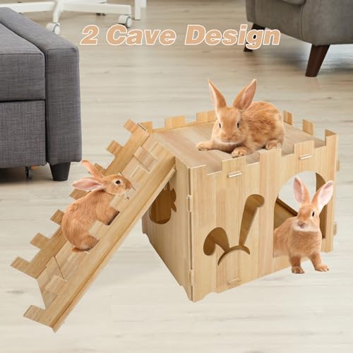 YUEPET Wooden Rabbit Castle with Ramp, Bunny Castle & Rabbit House Hideout | Large Bunny House with Ramp, Poplar Plywood Panels, Tool-Free Assembly, 16 Rubber Rings, Indoor Rabbit Hideaway - size: Rabbit Castle+Ramp