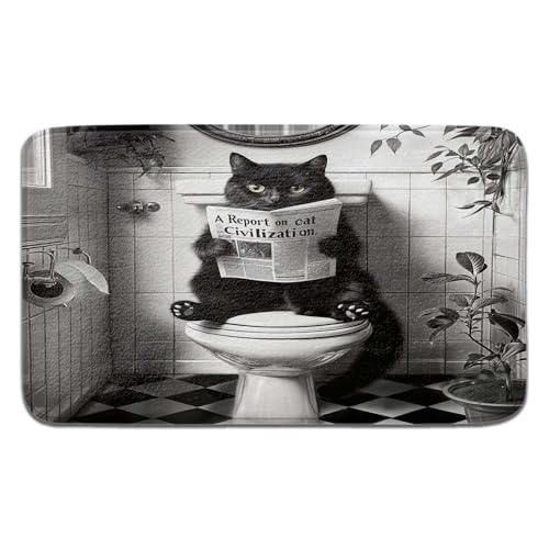 JAWO Funny Black Cat Bath Mats Rugs for Bathroom, Humorous Cat on Toilet Reading Newspaper, Black White Retro Animal Bathroom Decor, Washable Flannel Bath Shower Rug Non Slip 19X31 - color: Black, size: 19.00" X 31.00"