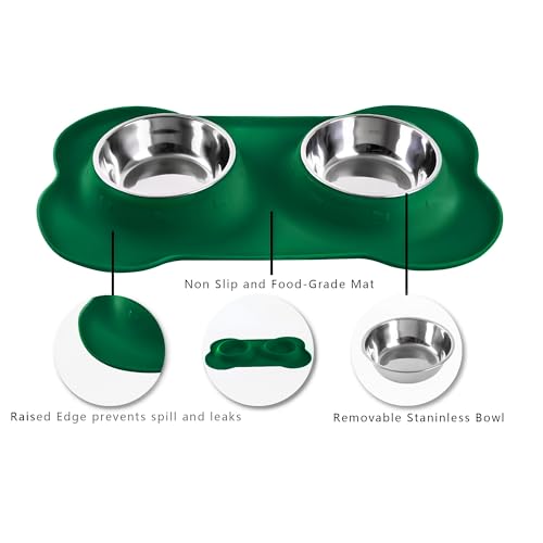 Hubulk Pet Dog Bowls 2 Stainless Steel Dog Bowl with No Spill Non-Skid Silicone Mat + Pet Food Scoop Water and Food Feeder Bowls for Feeding Small Medium Large Dogs Cats Puppies (Small, Hunter Green) - color: Hunter Green, size: Small