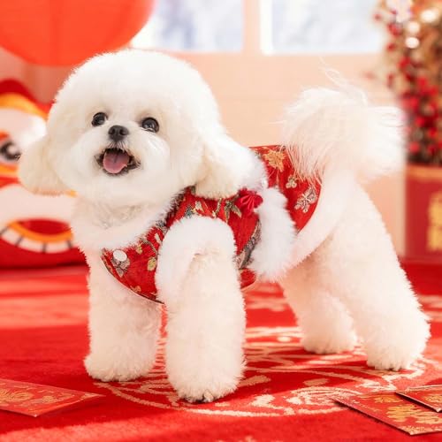 Dog Chinese New Year Clothes Cat Tang Costume Outfit,Tassels Dog Cheongsam Tang Suit,Winter Fleece Pet Jacket Clothes (Red, S) - color: Red, size: S(Bust14.1inch|Weight 4-6LBS)