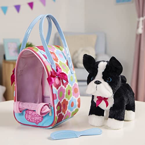 Pucci Pups Plush Puppy Dog Carrier Set, Floral Glam Bag, Boston Terrier | Includes plush puppy, floral print carrier, and comb for cuddling, carrying, and grooming play; stuffed animal set; 2+ Years - style: Boston Terrier - Floral Bag