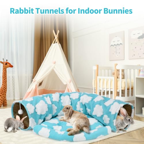 BWOGUE Bunny Tunnel Bed, 2-in-1 Collapsible Rabbit Tunnel Hideout with Mat | Removable Mat for Washing, 46.8 in Length, Ball Toy for Play, Cats Rabbits Guinea Pigs, Clouds Blue - color: Clouds Blue