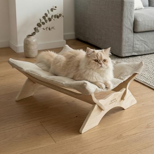 JSPYFITS Elevated Cat Bed Hammock, Raised Cat Bed with Dual-Sided Plush & Linen Cushion, Machine Washable & Breathable Cover Tool Free Easy Assembly, up to 66Lbs (White) - color: Pristine White