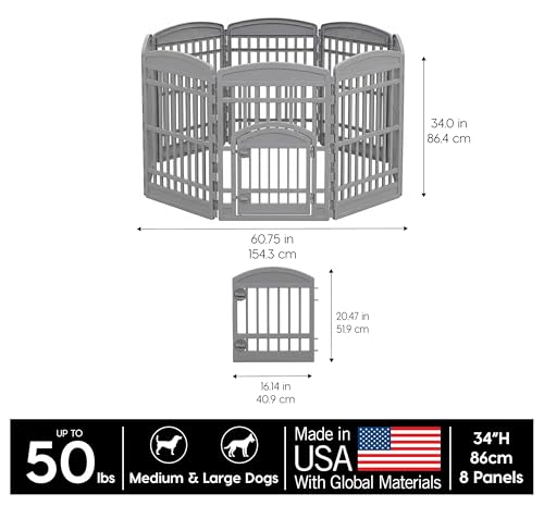 IRIS USA 8-Panel Dog Playpen, Pet Enclosure, Gray | Safe Play Zone, Configurable Layout, Custom Pen Configuration, Multi-Shape Setup, Stable Non-Tip Base, Secure Door Latch - color: Gray, size: 8 Panel - 34" H