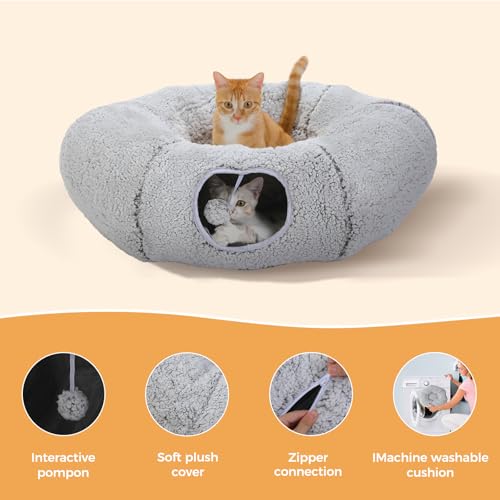 PEQULTI Cat Tunnel with Bed for Indoor Cats, Cat Play Donut Tunnel with Washable Soft Plush Mat, Round Cat Tunnel Toys Cute Cat Tube for Kittens, Puppies, Rabbits and Ferrets, Grey - color: Grey