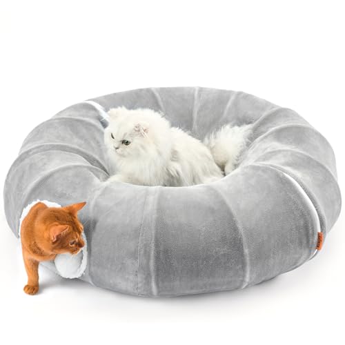 Cat Tunnel Bed for Indoor Cats 35.5 Inch XL Cat Donut Tunnels Grey | 2 in 1 Cat Tunnels for Indoor Cats Kitten Puppy Rabbit Pet Tunnel Toy with Washable Cushion Bed Grey