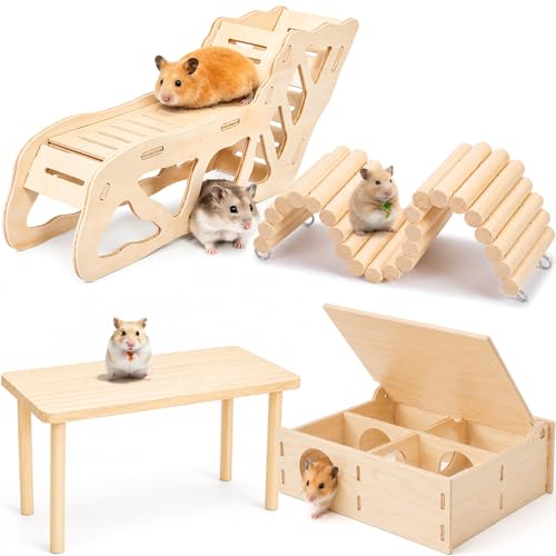 BreezeHug 4 Pcs Hamster Cage Accessories Hamster Platform Hideout Wooden Tunnel Ladder Playhouse Game Climbing Toy with Platform for Pets Dwarf Syrian Mice Degus Gerbils Squirrel(Enclosure) - style: Enclosure