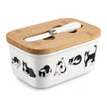 Cute Black White Cat Print Ceramic Butter Dish with Bamboo Lid & Butter Knife, Covered Butter Keeper Container Fits Standard Western Butter Stick for Kitchen Countertop Fridge Storage - color: Cute cat