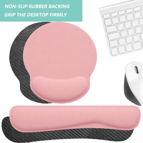 Keyboard Wrist Rest Pad Mouse Pad with Wrist Support Set of 3, Mousepad with Non-Slip Rubber Base, Ergonomic Memory Foam Mouse Wrist Cushion Support for Home Office Laptop Computer, Pink - color: Pink