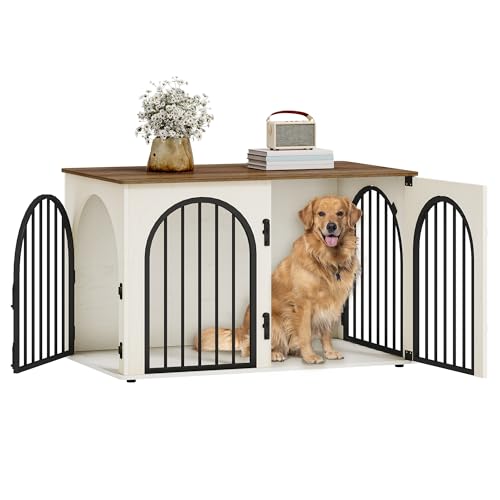 39.4" Wooden Dog Crate Furniture, Indoor Dog Kennel Dogs Cage for Small/Medium/Large Dogs, Heavy Duty Dog Crates Decorative Pet House End Side Table TV Stand, White Brown DFC84114B | Dog Kennel Furniture Wooden Dog Cage Heavy Duty Dog Crate Decorative Pet