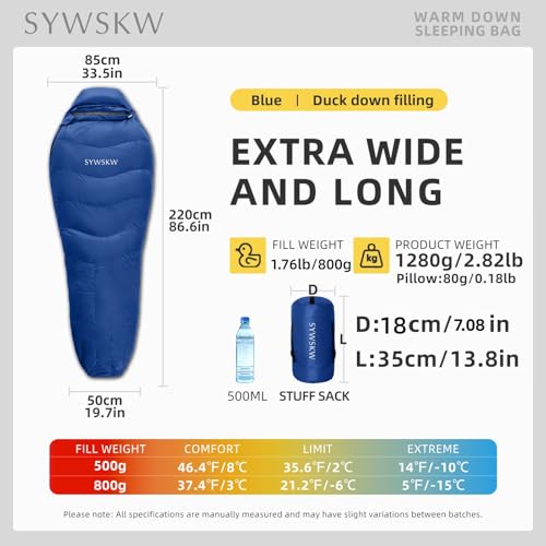 Down Sleeping Bag with Pillow for Backpacking,15℉ 5℉ 0℉ Wide Down Sleeping Bag (86.6 in x 33.5 in) for Adults,Youth Camping and Hiking Outdoor with 680FP Duck Down - color: Blue (800g filling down)