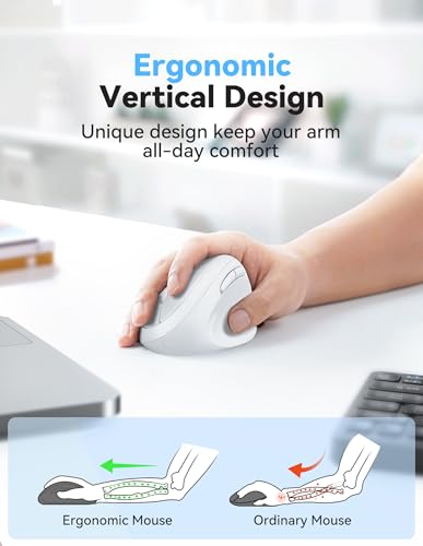 TECKNET Ergonomic Wireless Mouse 2.4G Vertical Mouse Silent 4800 DPI | 5 Adjustable DPI Levels, 6 Buttons, Compatible with Laptop, PC, Chromebook, Mac - Light White - color: Light White
