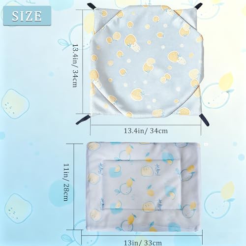 SEIS 2PCS Cooling Small Pet Hammock & Mat Set, Ice Silk Summer Cage Hanging Bed for Guinea Pig Hamster Chinchilla Rabbit, Cute Strawberry Lemon Print Breathable Pet Rest Bed (Blue) - color: Blue
