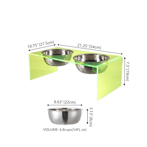 DBL2001G Keaton 7.5" Medium/Large Modern Acrylic Rectangular Elevated Pet Feeder with 54oz 2-Stainless Steel Bowls, Green/Chrome - color: Green/Chrome, size: 54 Ounces (7.5" Cups 2-Pack)