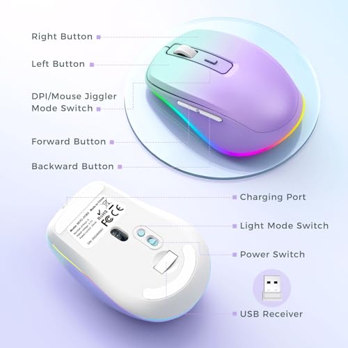PEIOUS Wireless Mouse Jiggler - Keep Computers Awake, Purple to Green | Rechargeable LED Mouse, Silent Clicks, Adjustable DPI and Random Movement Keep Computers Awake for Laptop/PC/Mac - color: Purple to Green