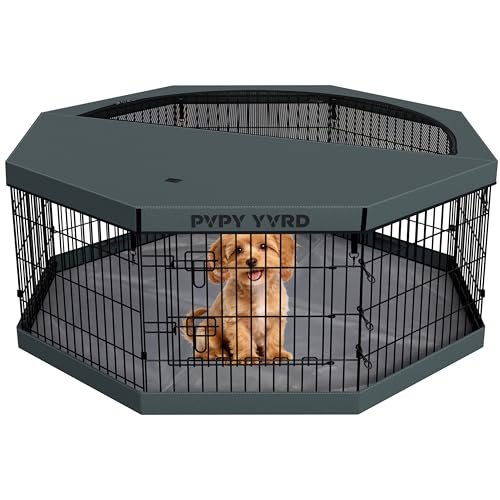 Dog Playpen with Top Cover and Bottom Pad,Foldable Playpen,8 Panels 24" H | Metal Puppy Play Pen,with Door for Indoor Outdoor,Pet Exercise Fence for Small Medium Animals - size: 24''H